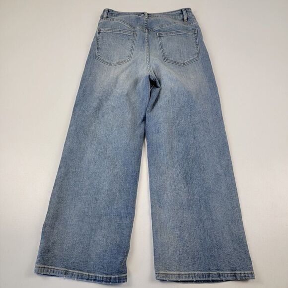 Free People High Rise Wide Leg Blue Denim Floral Jeans Sz 27 Embroidered Boho - Picture 5 of 11